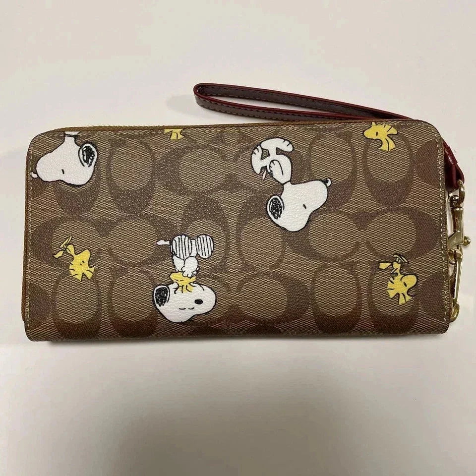 COACH x PEANUTS Long Zip around Wallet Snoopy Woodstock Khaki Signature