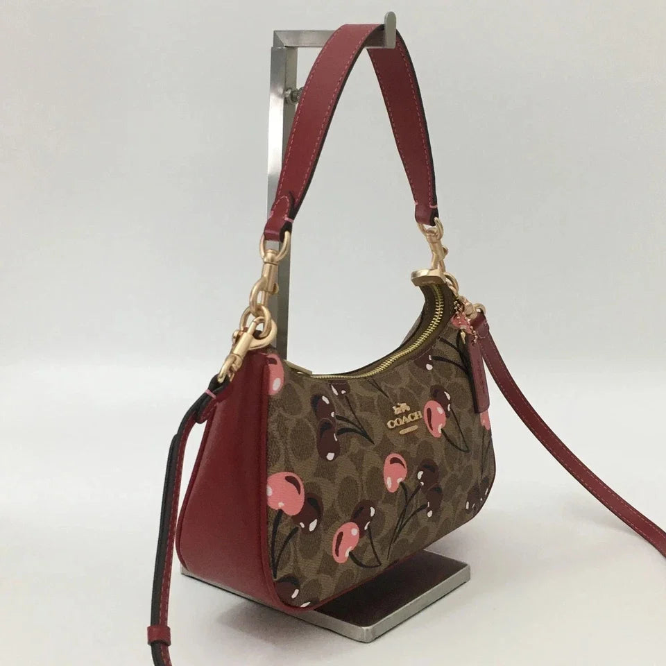 NWT COACH CY694 Teri Shoulder Bag Signature Canvas Cherry Print Tan Brown Outlet