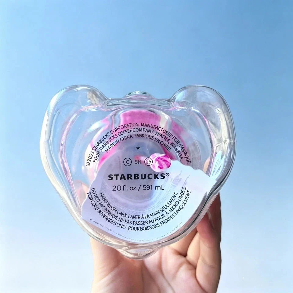 Starbucks Bearista Pink Bear Glass Tumbler Cold Cup with Straw 20oz 591ml