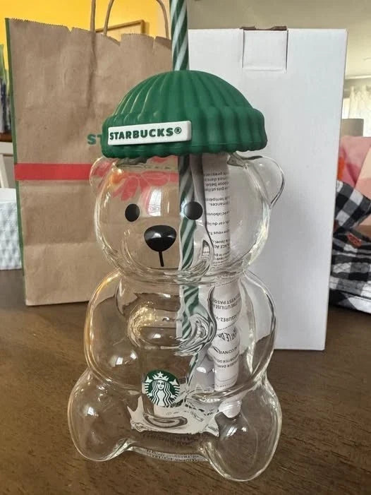 Starbucks 2025 Holiday Bearista Bear Glass Cup Cold Drink with Straw New In Box