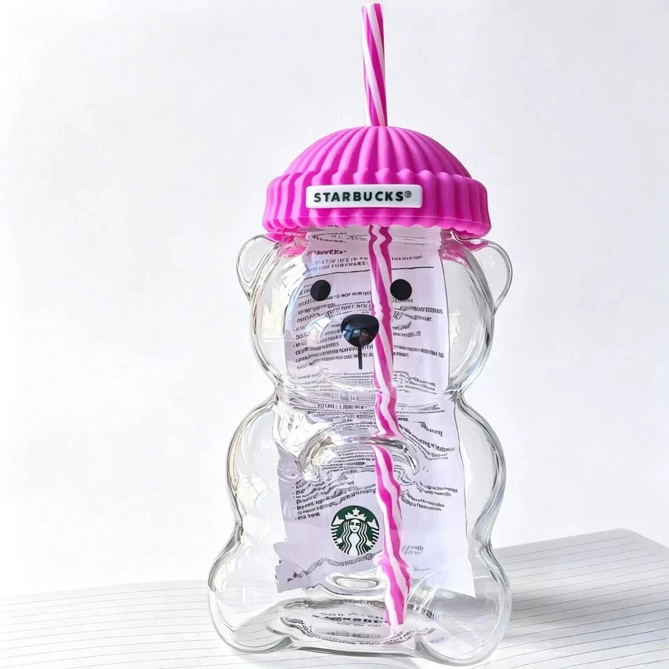 Starbucks Bearista Pink Bear Glass Tumbler Cold Cup with Straw 20oz 591ml