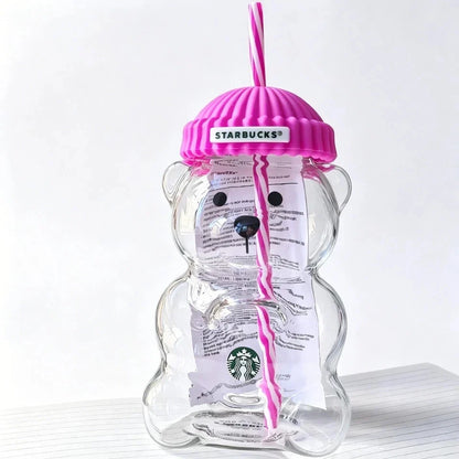 Starbucks Bearista Pink Bear Glass Tumbler Cold Cup with Straw 20oz 591ml