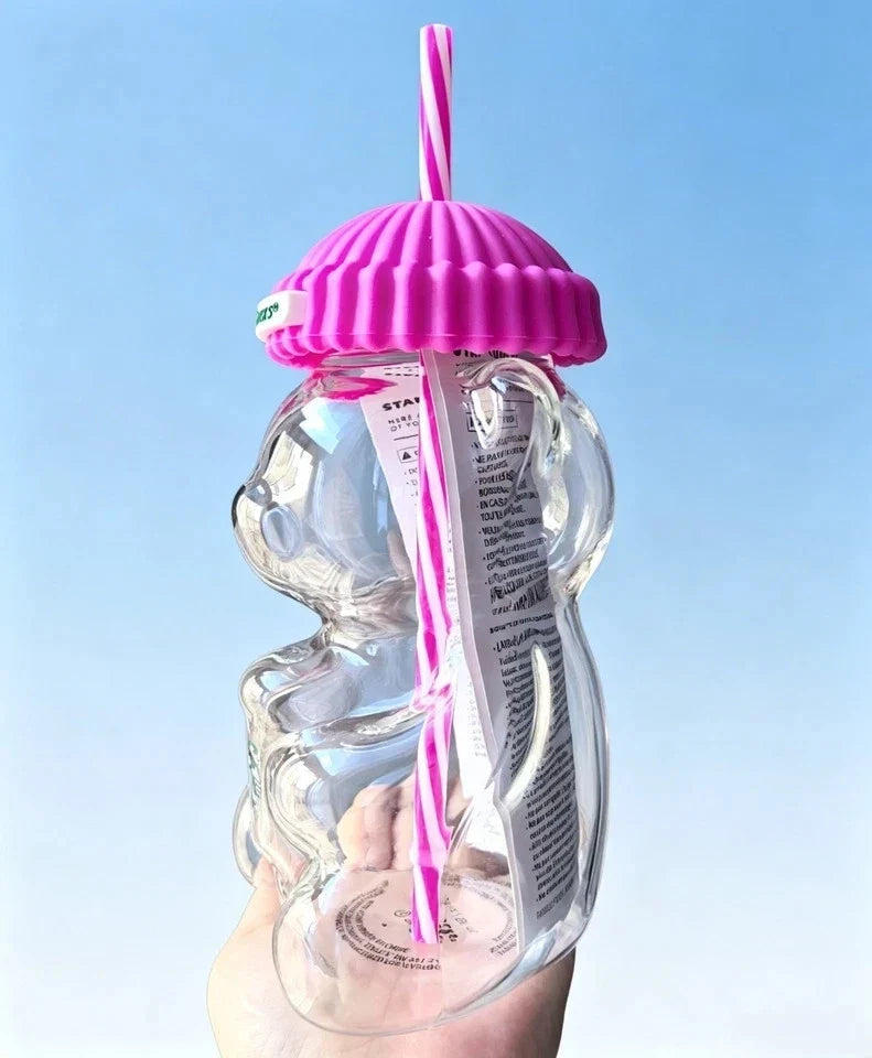 Starbucks Bearista Pink Bear Glass Tumbler Cold Cup with Straw 20oz 591ml