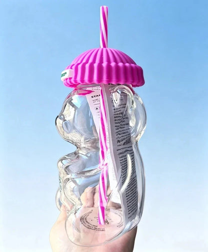 Starbucks Bearista Pink Bear Glass Tumbler Cold Cup with Straw 20oz 591ml