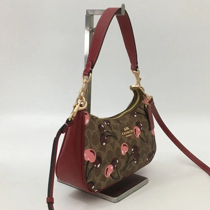NWT COACH CY694 Teri Shoulder Bag Signature Canvas Cherry Print Tan Brown Outlet