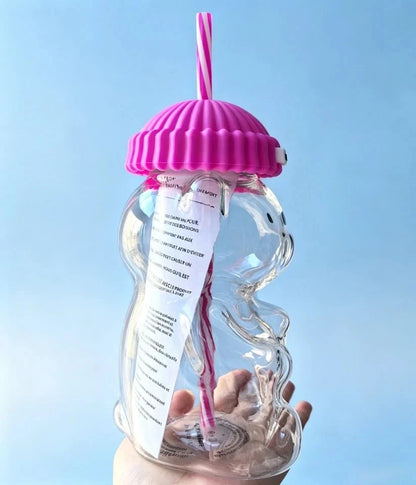 Starbucks Bearista Pink Bear Glass Tumbler Cold Cup with Straw 20oz 591ml