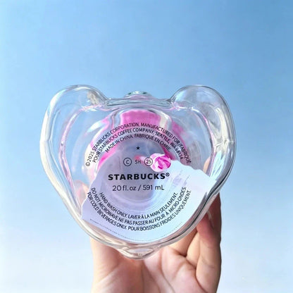 Starbucks Bearista Pink Bear Glass Tumbler Cold Cup with Straw 20oz 591ml