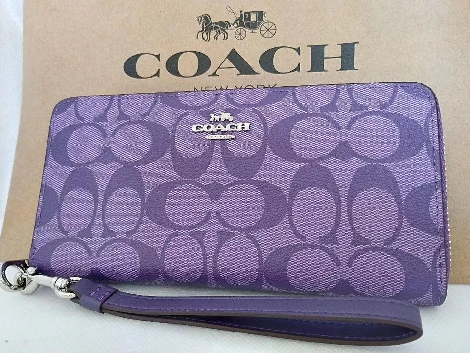 COACH Long Round Zip Wallet with Strap Purple Signature C4452 outlet New
